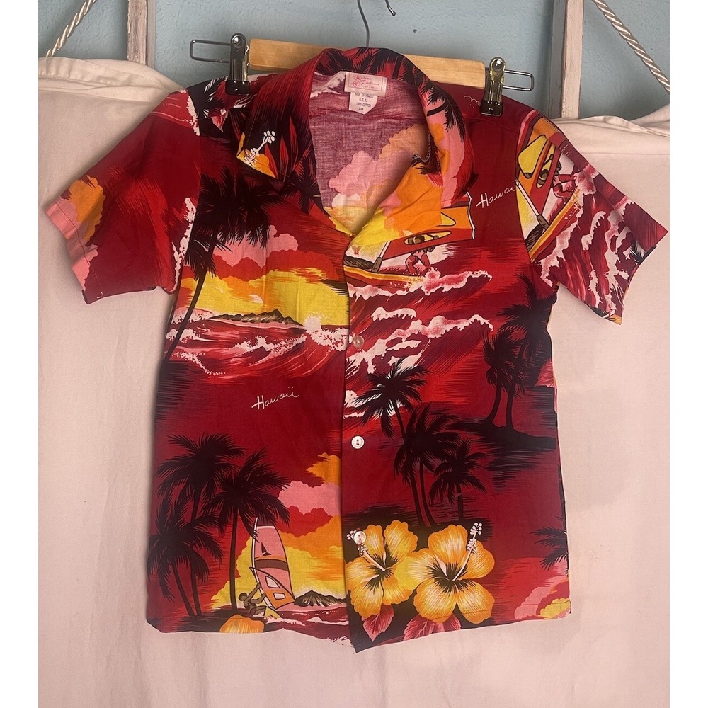 VTG Kalena Fashions of Hawaii Summer boys Youth Red 100% Cotton Shirt Top Sz 10